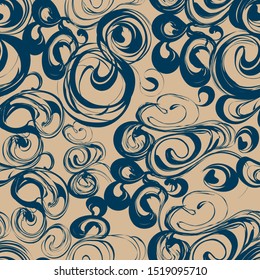 Japanese Pattern With Oriental Motifs. Dark Blue Waves On A Beige Background. Vector For Fabric And Furoshiki Gift Wrap, Kimono, Wrapping Paper