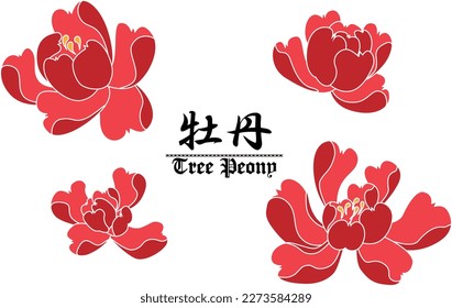 Patrón japonés Peony Set_Contorno blanco. Traducción: "牡 丹" significa "peonía".