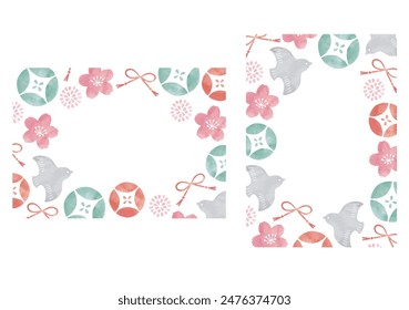 Japanese pattern of pink cherry blossoms and birds watercolor