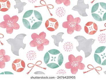 Japanese pattern of pink cherry blossoms and birds watercolor