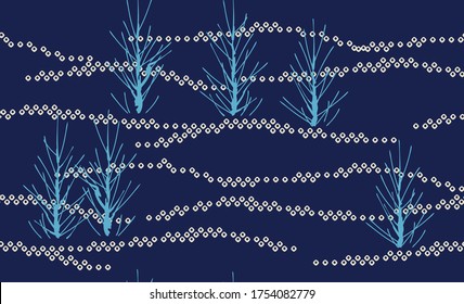 Japanese pattern.The polka dots of the branches on the blue background.Vector unique seamless asian texture.For printing on packaging, textiles, paper, manufacturing, wallpapers, scrapbooking.