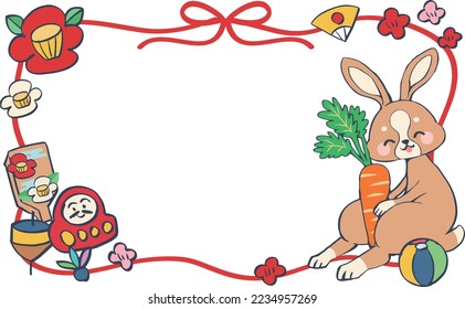 Japanese pattern and rabbit hand-drawn New Year's card illustration