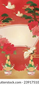 Japanese Pattern Red Crane and Pine Background Template