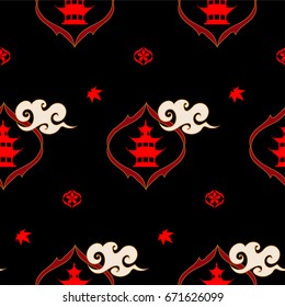 Japanese pattern with red pagoda and cloud.
