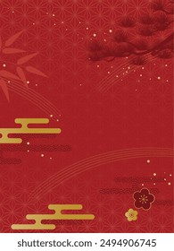 Japanese pattern and red Japanese style background with pine, bamboo and plum_vertical_vector illustration