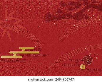 Japanese pattern and red Japanese style background with pine, bamboo and plum_horizontal_vector illustration