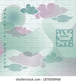 Japanese pattern with romantic landscape. Water, mountains, clouds and sun in traditional oriental pattern. Abstract vector illustration in pastel colors.