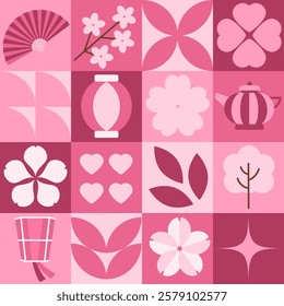 Japanese pattern with sakura flowers. Pink geometric and floral elements inspired by Japanese Hanami. Modern geometric seamless pattern. Vector concept minimalist design