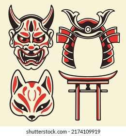 Japanese pattern samurai kitsune oni mask and torii gate vector