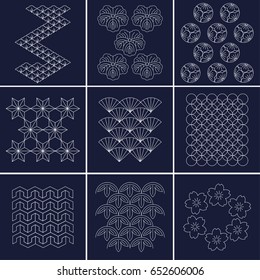 Japanese pattern Sashiko is a form of decorative reinforcement stitching or functional embroidery from Japan. Blue pattern and white line on Indigo background.
