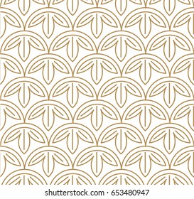 Japanese pattern Sashiko is a form of decorative reinforcement stitching (or functional embroidery) from Japan. Gold pattern and line on white background.
Leaves pattern vector.