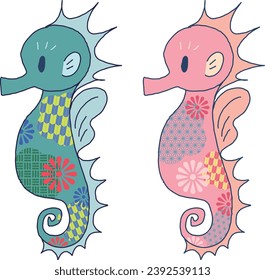 Japanese pattern seahorse illustration set