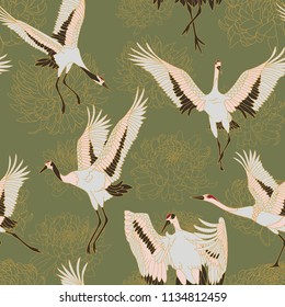 Japanese pattern. Seamless vector ornament with traditional motives. Japanese pattern with storks and chrysanthemum.