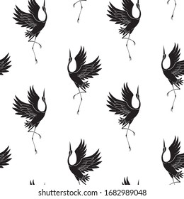 Japanese pattern. Seamless vector ornament with traditional motives. Japanese pattern with storks