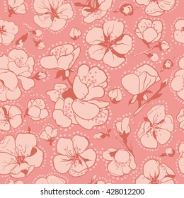 Japanese pattern. Seamless vector ornaments with traditional sakura flowers on pink background.