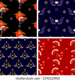 Japanese pattern set. Collection of japanese seamless ornaments with fans and fish and sakura flowers. Oriental traditional pattern.