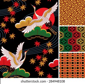 Japanese pattern set. Seamless vector ornaments with traditional motives.