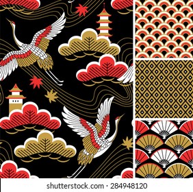 Japanese pattern set. Seamless vector ornaments with traditional motives.