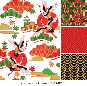 Japanese pattern set. Seamless vector ornaments with traditional motives.