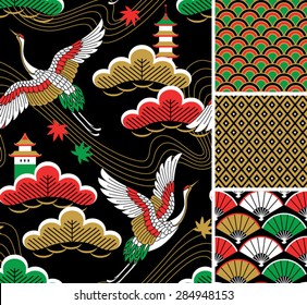 Japanese pattern set. Seamless vector ornaments with traditional motives.