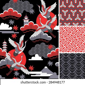 Japanese pattern set. Seamless vector ornaments with traditional motives.