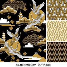 Japanese pattern set. Seamless vector ornaments with traditional motives.