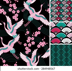 Japanese pattern set. Seamless vector ornaments with traditional motives.