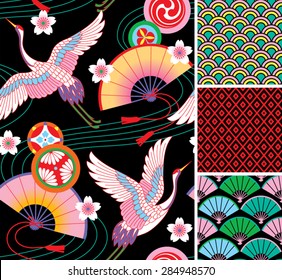 Japanese pattern set. Seamless vector ornaments with traditional motives.