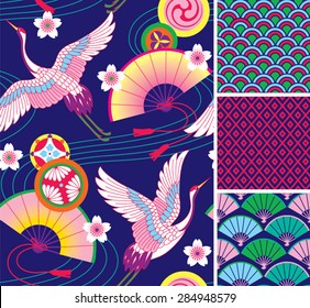 Japanese pattern set. Seamless vector ornaments with traditional motives.