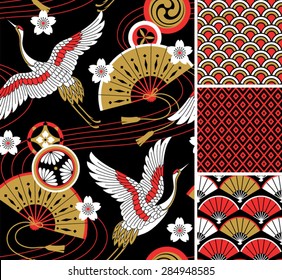 Japanese pattern set. Seamless vector ornaments with traditional motives.