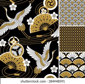 Japanese pattern set. Seamless vector ornaments with traditional motives.