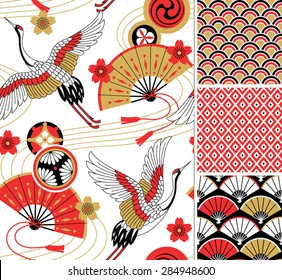 Japanese pattern set. Seamless vector ornaments with traditional motives.