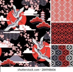 Japanese pattern set. Seamless vector ornaments with traditional motives.