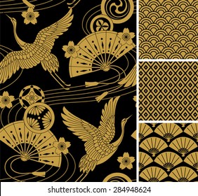 Japanese pattern set. Seamless vector ornaments with traditional motives.