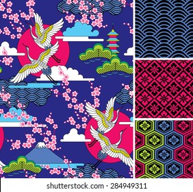 Japanese pattern set. Seamless vector ornaments with traditional motives.