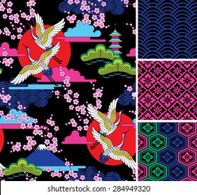 Japanese pattern set. Seamless vector ornaments with traditional motives.