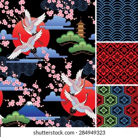 Japanese pattern set. Seamless vector ornaments with traditional motives.