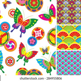 japanese pattern set. Seamless vector ornaments with traditional motives.