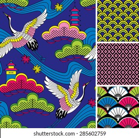 Japanese pattern set. Seamless vector ornaments with traditional motives.