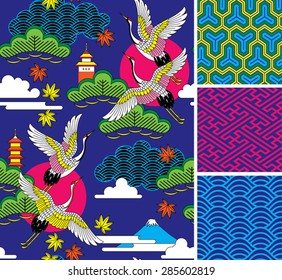 Japanese pattern set. Seamless vector ornaments with traditional motives.