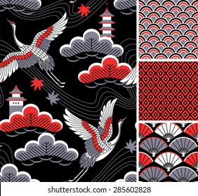 Japanese pattern set. Seamless vector ornaments with traditional motives.