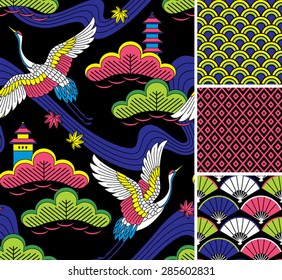 Japanese pattern set. Seamless vector ornaments with traditional motives.