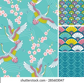 Japanese pattern set. Seamless vector ornaments with traditional motives.