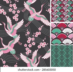 Japanese pattern set. Seamless vector ornaments with traditional motives.