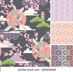 Japanese pattern set. Seamless vector ornaments with traditional motives.