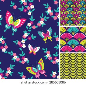 Japanese pattern set. Seamless vector ornaments with traditional motives.