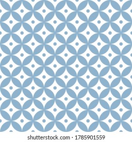Japanese pattern. Seven treasures in blue and white. Seamless shippo overlapping circles with small dots for wallpaper, tablecloth, or other spring and summer paper or textile print.