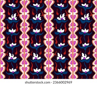 Japanese pattern with stripes and flowers. Folk embroidery. Indian, Scandinavian, Gypsy, Mexican, African carpet. Damask floral background. Geometric folk ornament. Tribal ethnic vector textures.