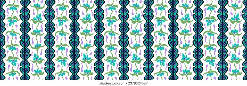 Patrón japonés con rayas y flores. bordado popular. alfombra india, escandinava, gitana, mexicana, africana. Fondo floral de Damasco. Ornamento folclórico geométrico. Texturas vectoriales étnicas tribales.