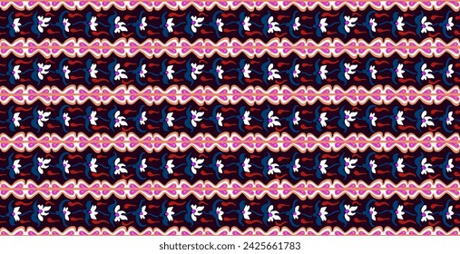 Japanese pattern with stripes and flowers. Folk embroidery. Indian, Scandinavian, Gypsy, Mexican, African carpet. Damask floral background. Geometric folk ornament. Tribal ethnic vector textures.